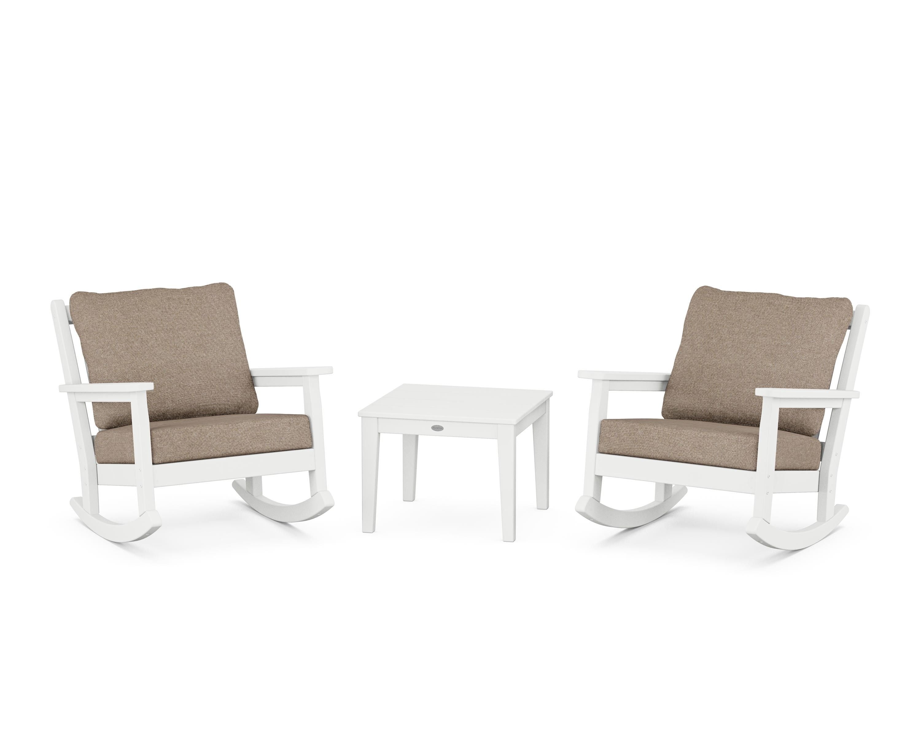 POLYWOOD® Chippendale 3-Piece Deep Seating Rocker Set in White / Spiced Burlap