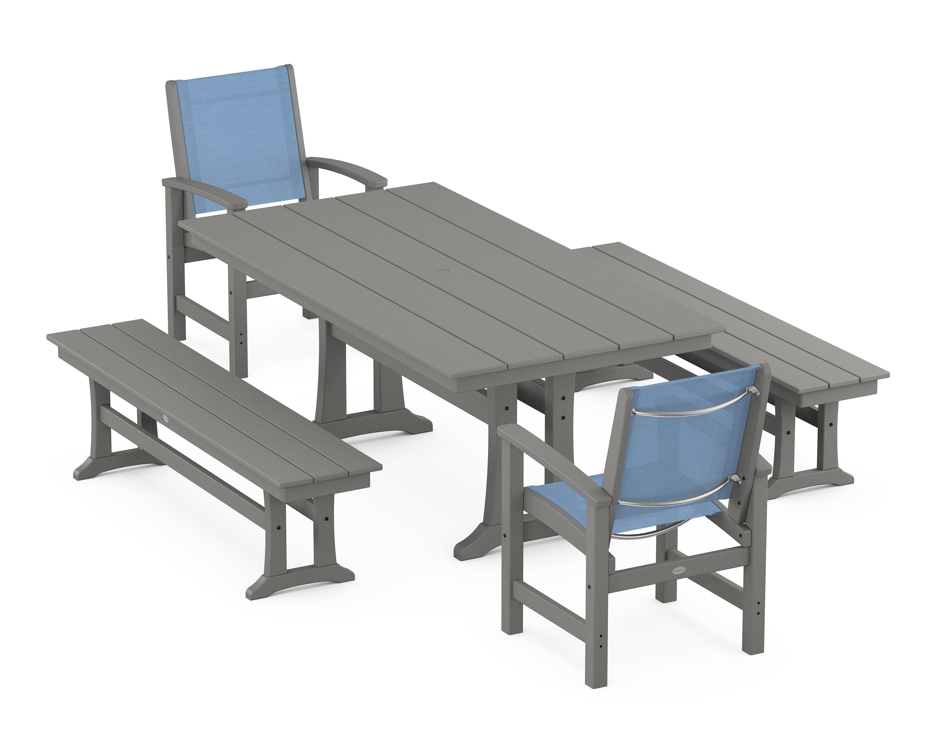 POLYWOOD® Coastal 5-Piece Farmhouse Dining Set with Trestle Legs and Benches in Slate Grey / Poolside Sling