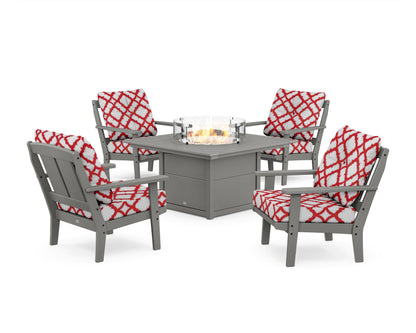 POLYWOOD® Mission 5-Piece Deep Seating Set with Fire Pit Table in Slate Grey / Trellis Crimson