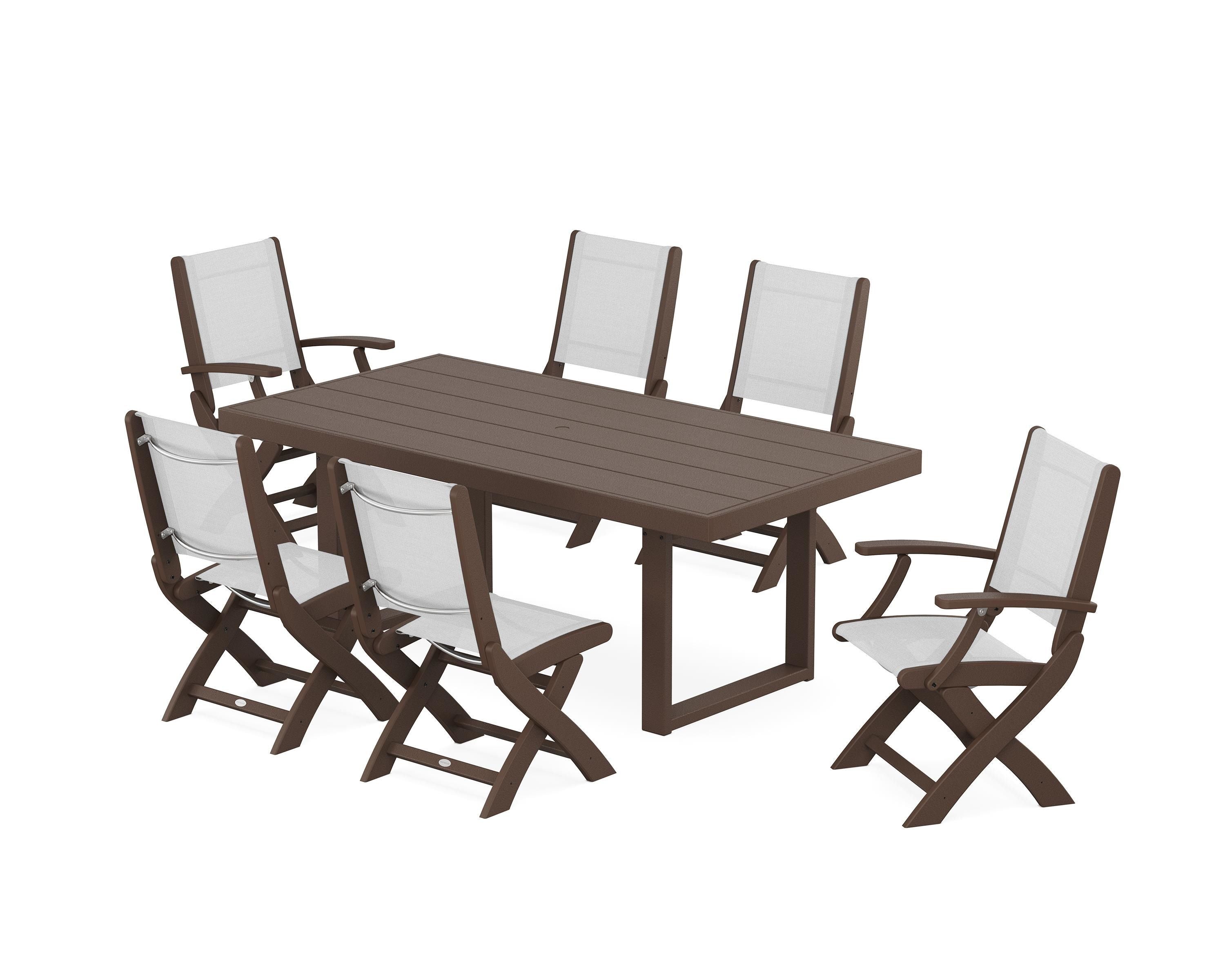 POLYWOOD® Coastal Folding Chair 7-Piece Dining Set with Trestle Legs in Mahogany / White Sling