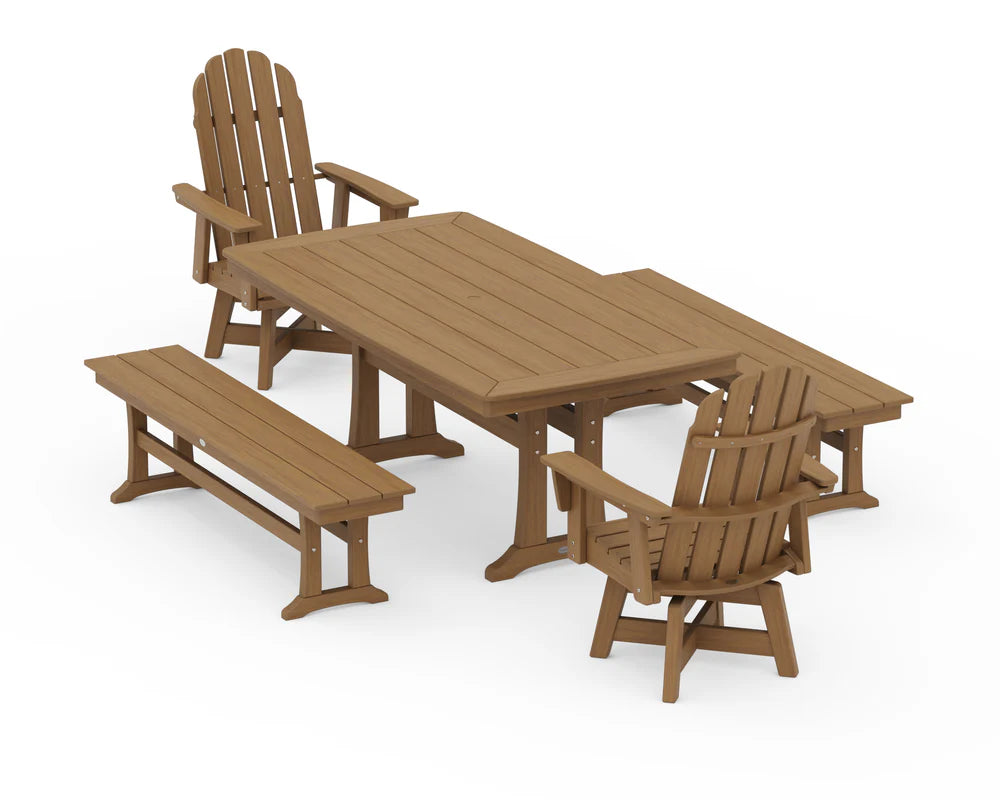Vineyard Adirondack Swivel Chair 5-Piece Dining Set with Trestle Legs and Benches