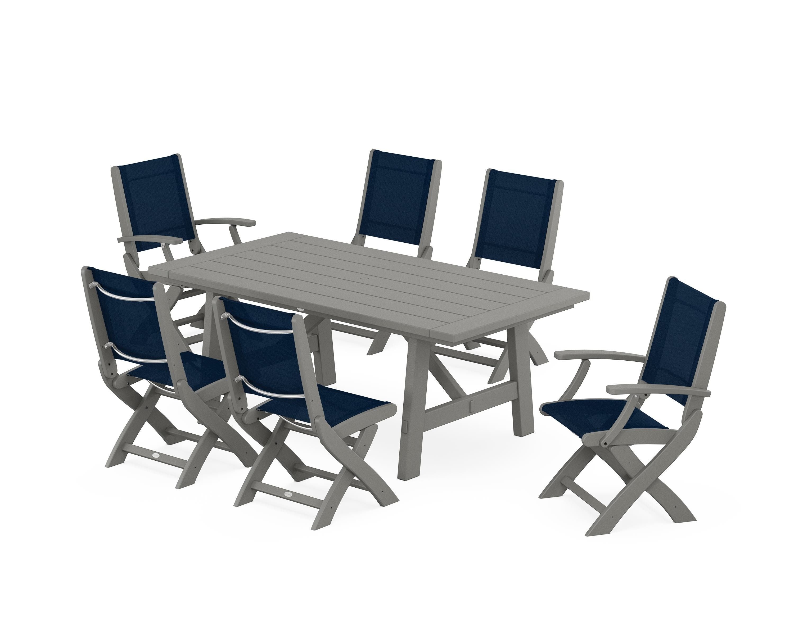 POLYWOOD® Coastal Folding Chair 7-Piece Rustic Farmhouse Dining Set in Slate Grey / Navy Blue Sling