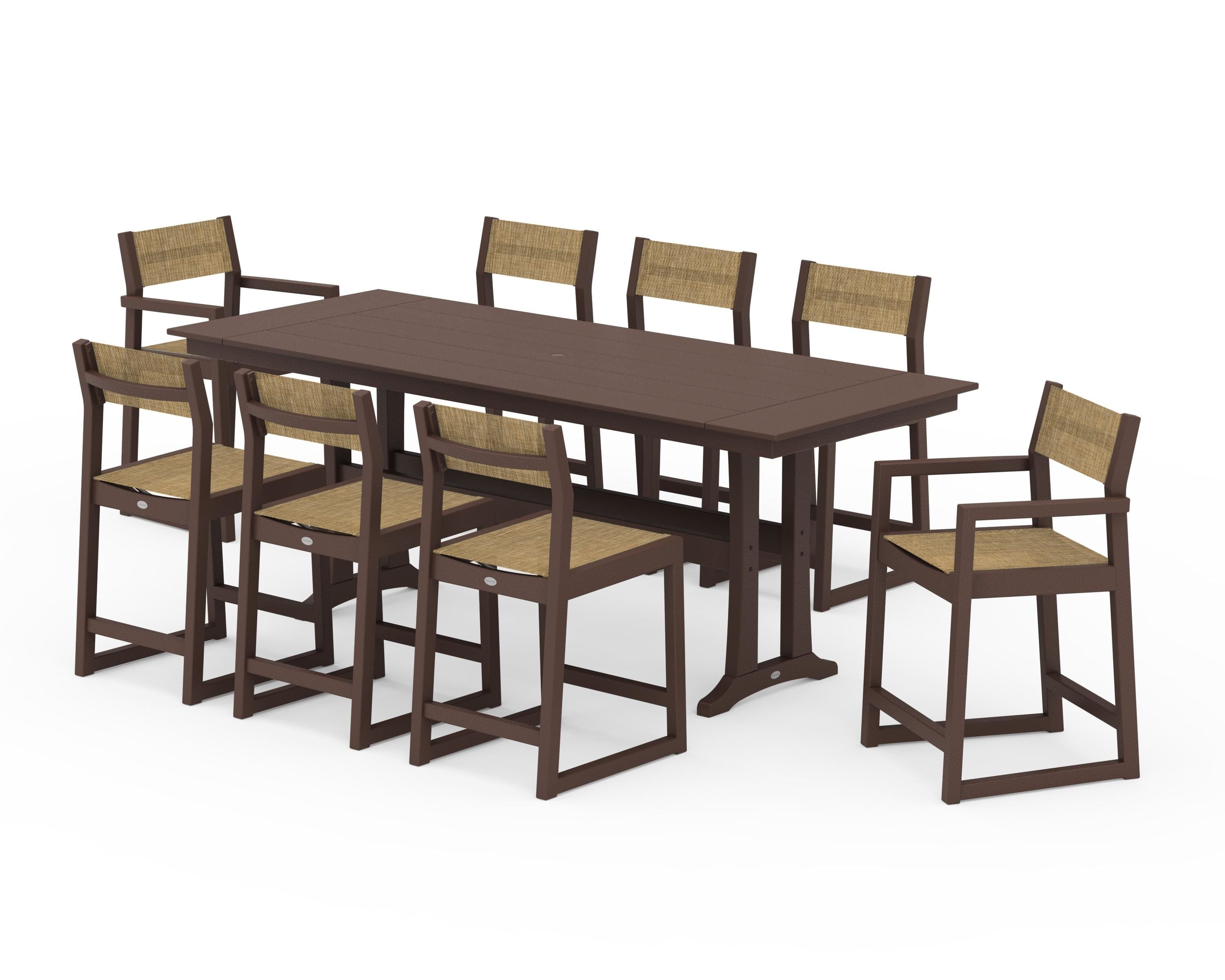 POLYWOOD® EDGE Sling 9-Piece Farmhouse Counter Set with Trestle Legs in Mahogany / Burlap Sling