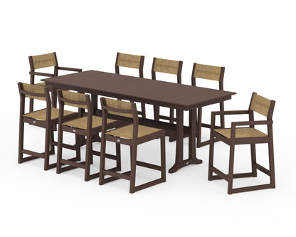 POLYWOOD® EDGE Sling 9-Piece Farmhouse Counter Set with Trestle Legs in Mahogany / Burlap Sling