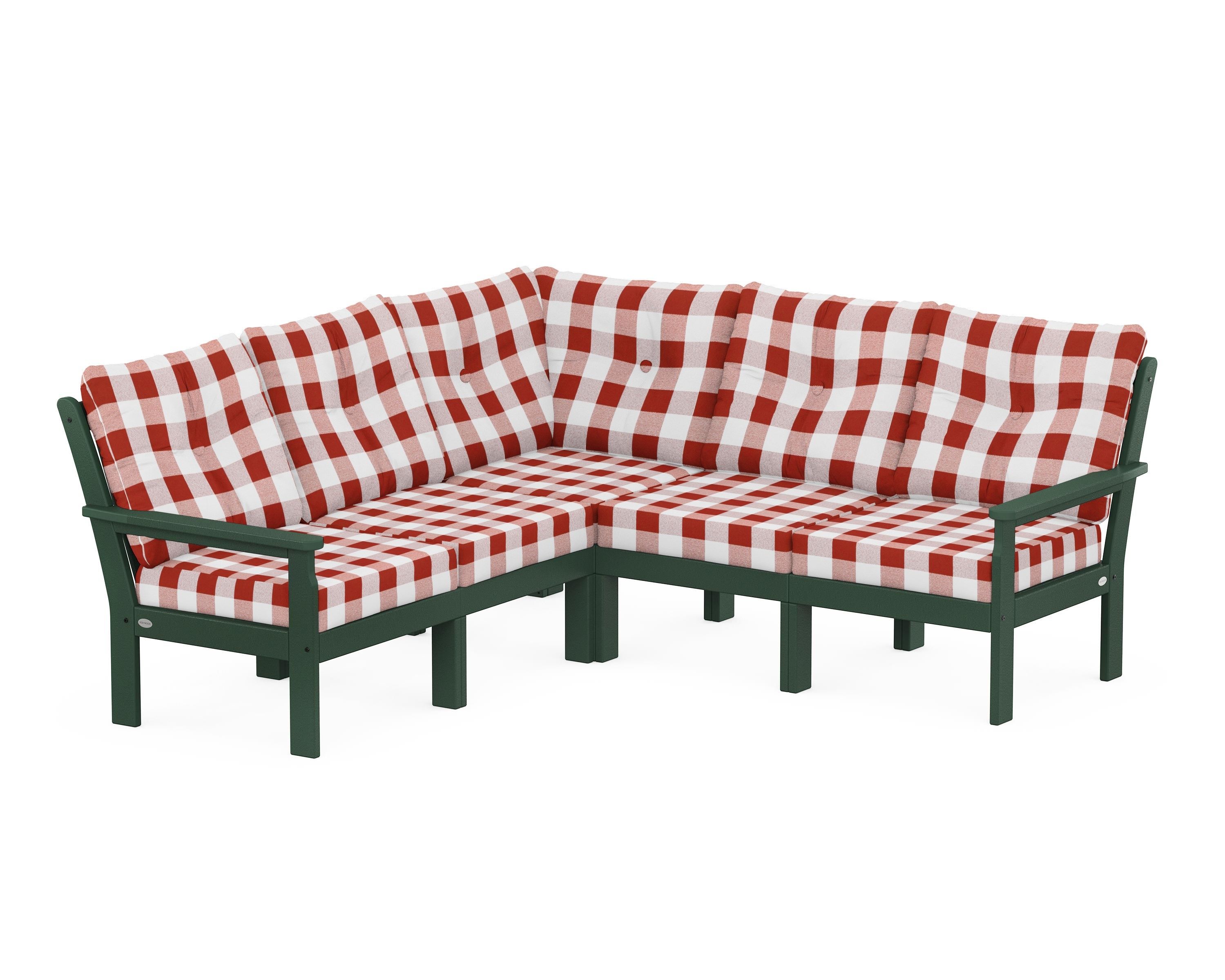 POLYWOOD® Vineyard 5-Piece Sectional in Green / Buffalo Plaid Crimson