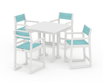 POLYWOOD® EDGE Sling Arm Chair 5-Piece Farmhouse Counter Set with Trestle Legs in White / Dupioni Aquamarine Sling