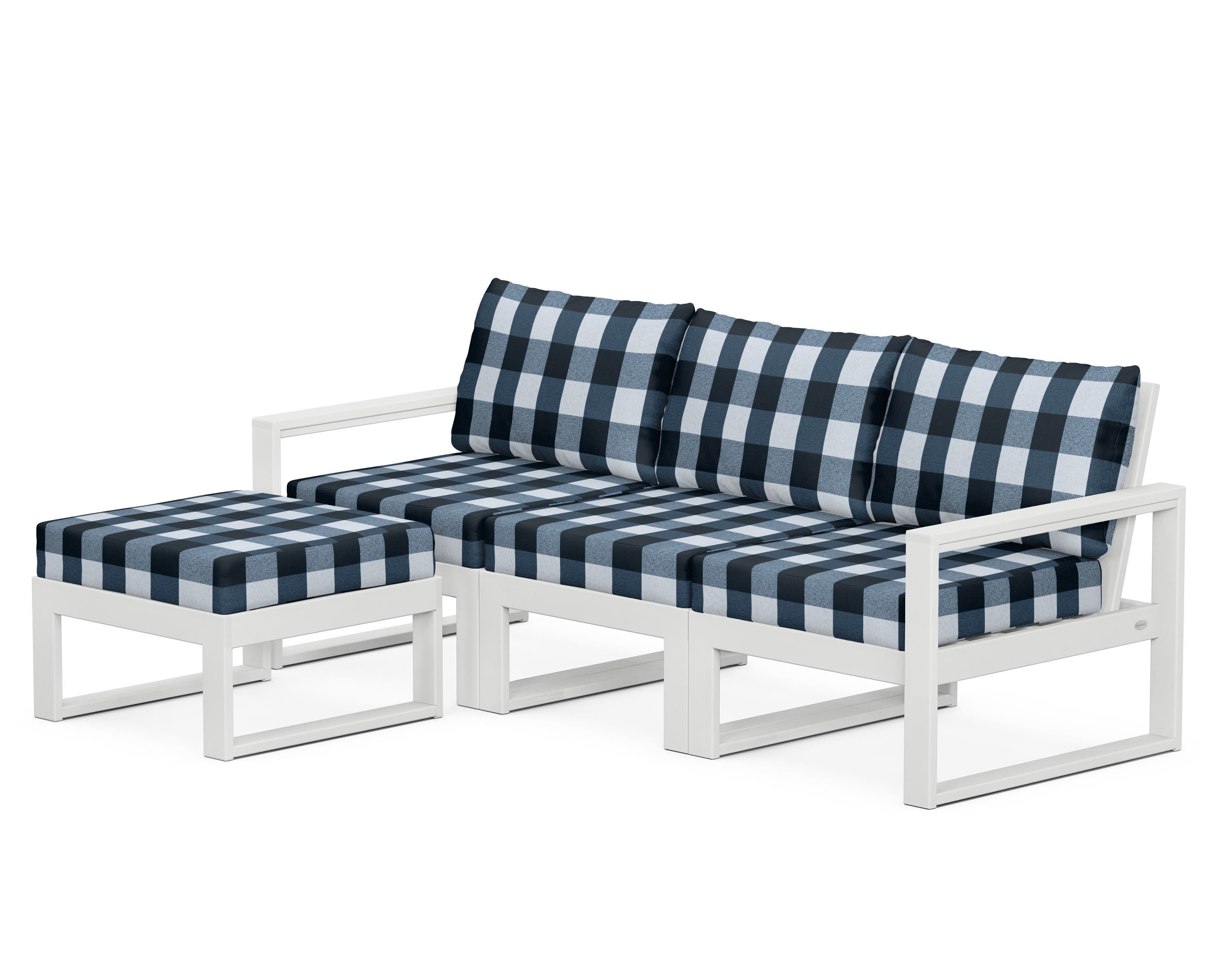 POLYWOOD® EDGE 4-Piece Modular Deep Seating Set with Ottoman in White / Buffalo Plaid Marine Indigo