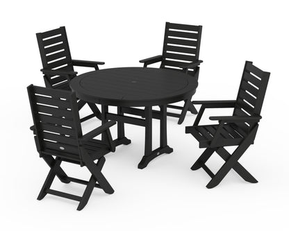POLYWOOD® Captain Folding Chair 5-Piece Round Dining Set with Trestle Legs in Black