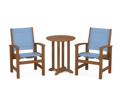 POLYWOOD® Coastal 3-Piece Round Bistro Dining Set in Teak / Poolside Sling