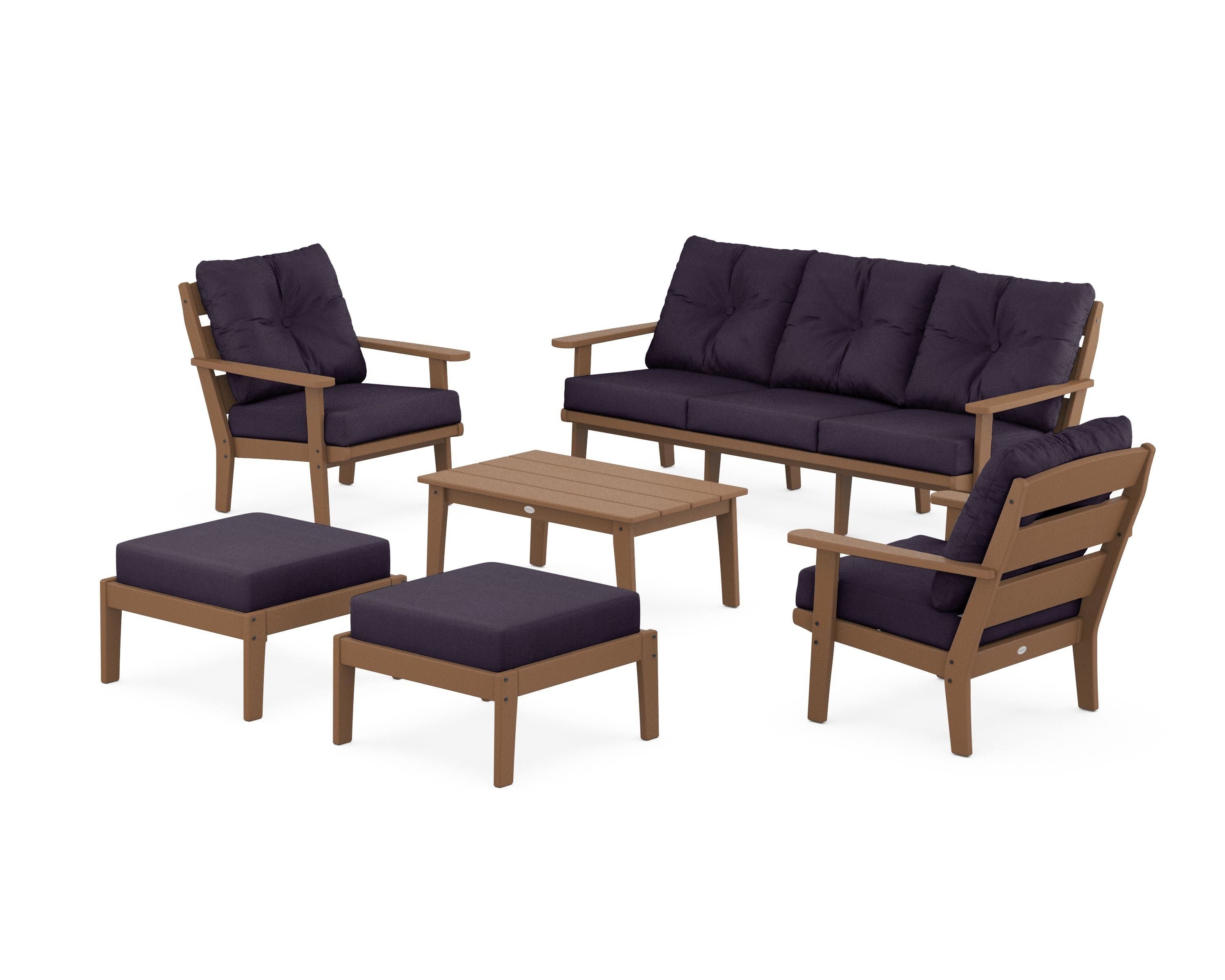 POLYWOOD® Lakeside 6-Piece Lounge Sofa Set in Teak / Navy Linen