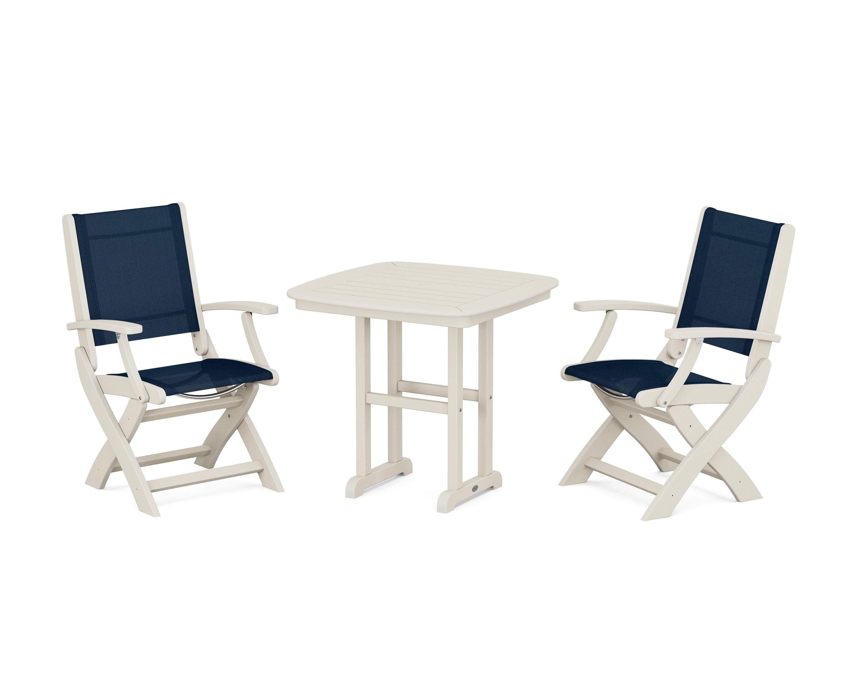 POLYWOOD® Coastal Folding Chair 3-Piece Dining Set in Sand / Navy Blue Sling