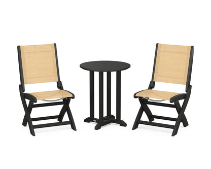 POLYWOOD® Coastal Folding Side Chair 3-Piece Round Bistro Dining Set in Black / Dupioni Apricot Sling