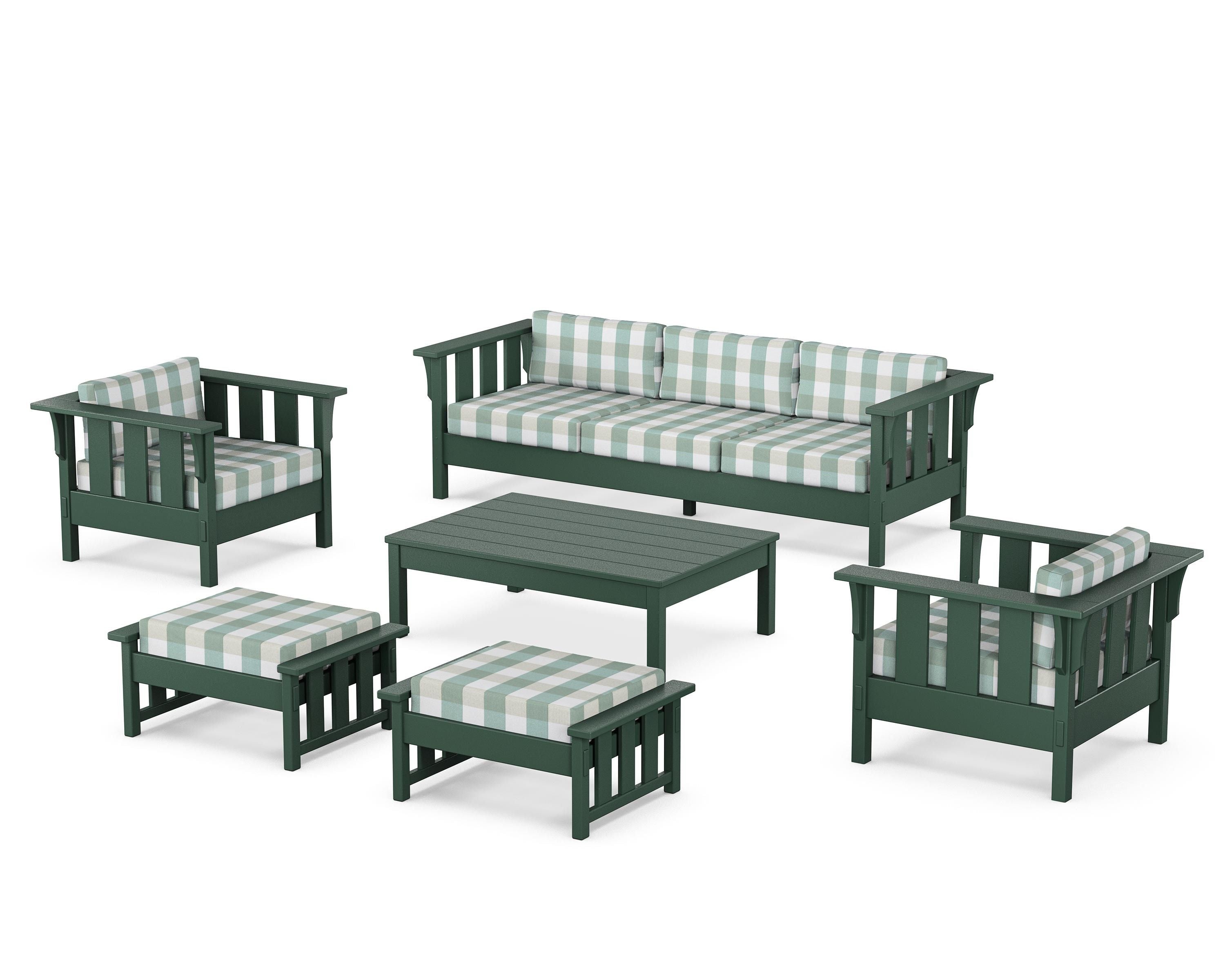 Martha Stewart by POLYWOOD® Acadia 6-Piece Lounge Sofa Set in Green / Buffalo Plaid Glacier Spa