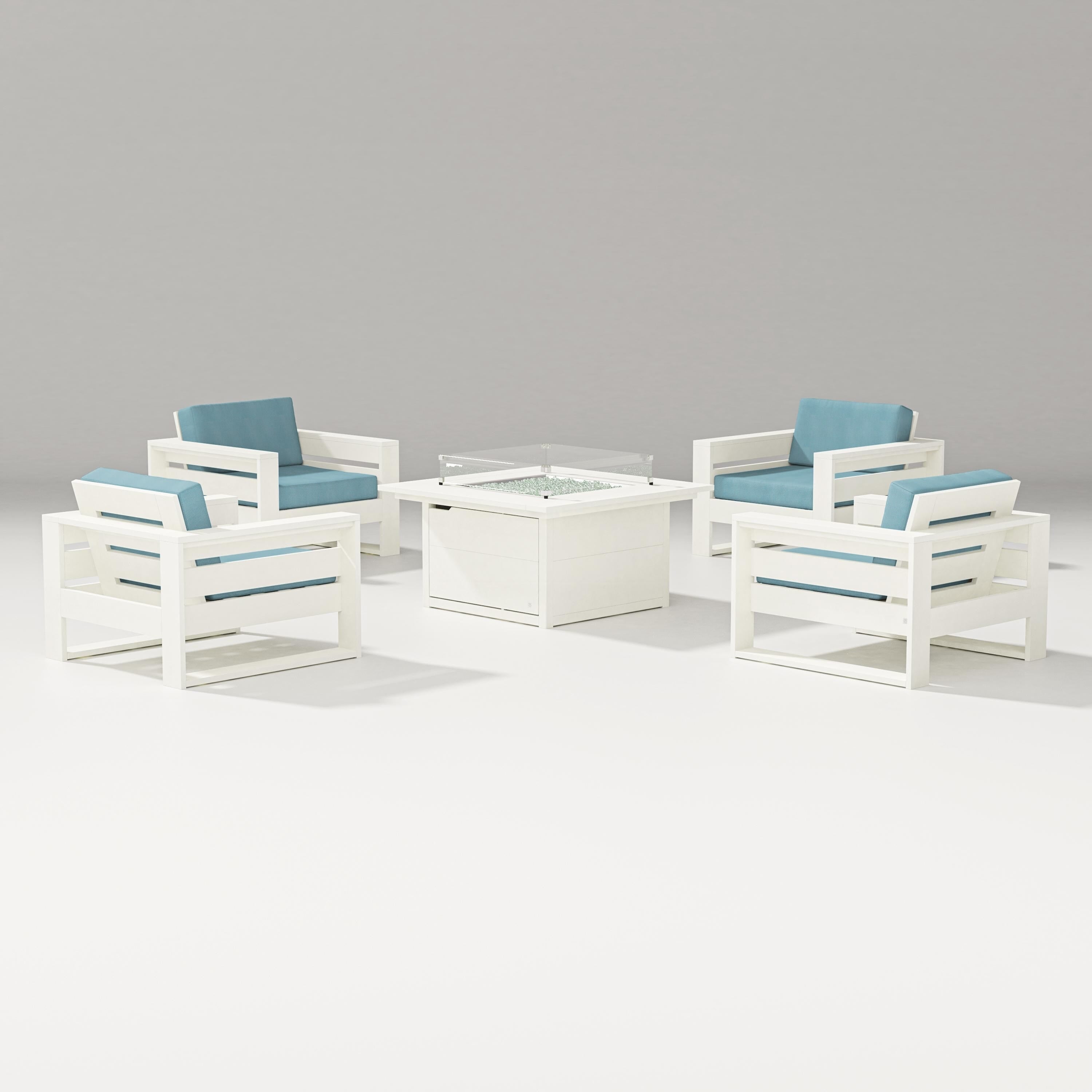 PW Designer Series Latitude 5-Piece Lounge Fire Table Set in Vintage White / Lattice Sky Blue
