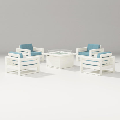 PW Designer Series Latitude 5-Piece Lounge Fire Table Set in Vintage White / Lattice Sky Blue