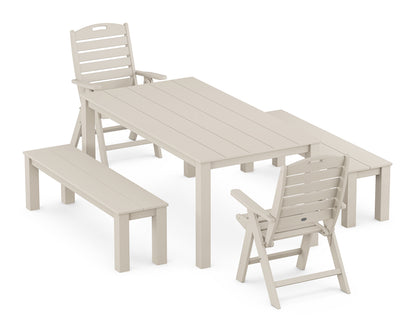 POLYWOOD® Nautical Folding Highback Chair 5-Piece Parsons Dining Set with Benches in Sand