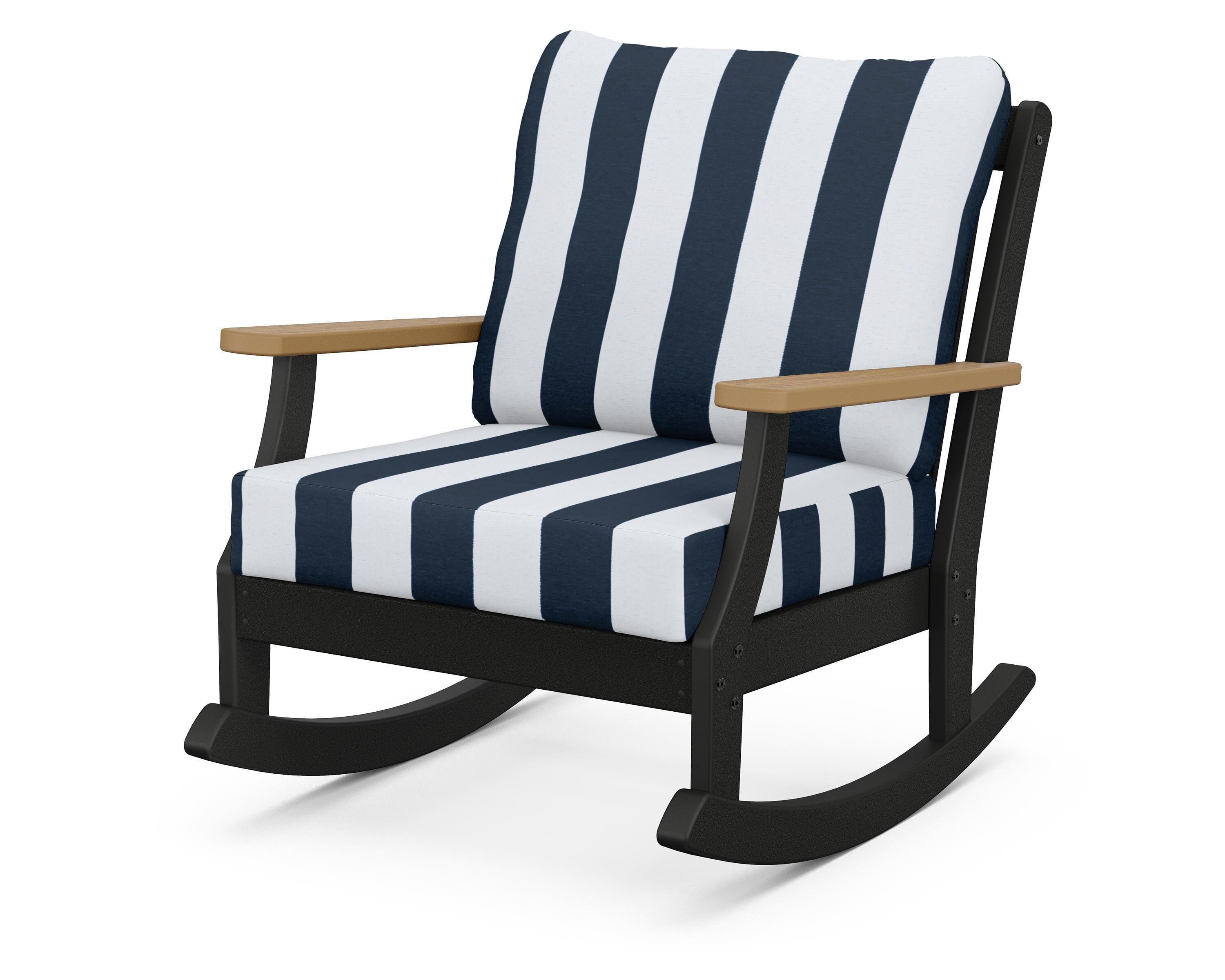 POLYWOOD® Braxton Deep Seating Rocking Chair in Black / Natural / Cabana Stripe Marine Indigo