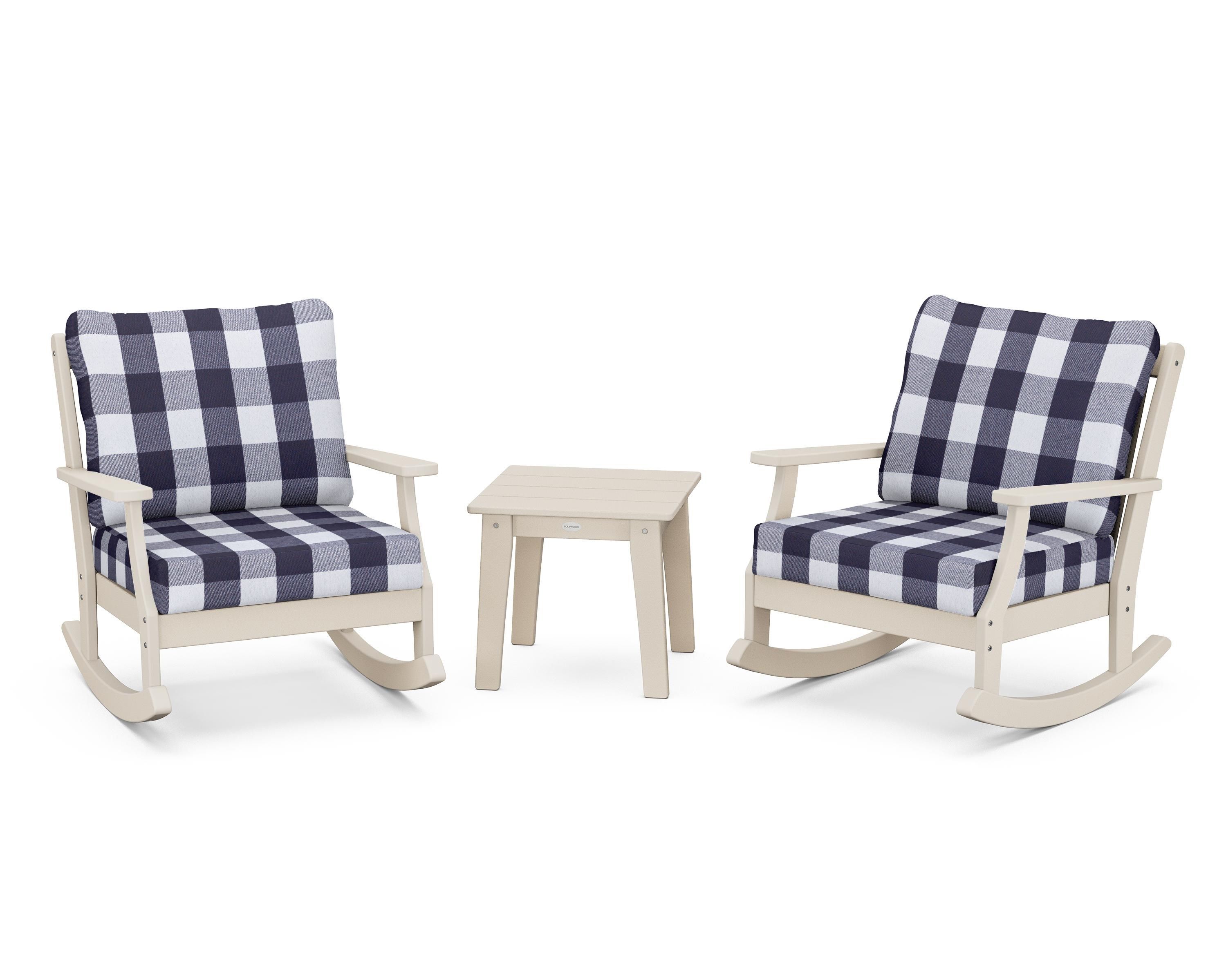 POLYWOOD® Braxton 3-Piece Deep Seating Rocker Set in Sand / Buffalo Plaid Navy