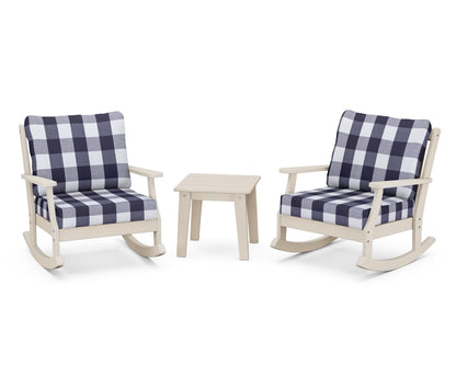 POLYWOOD® Braxton 3-Piece Deep Seating Rocker Set in Sand / Buffalo Plaid Navy