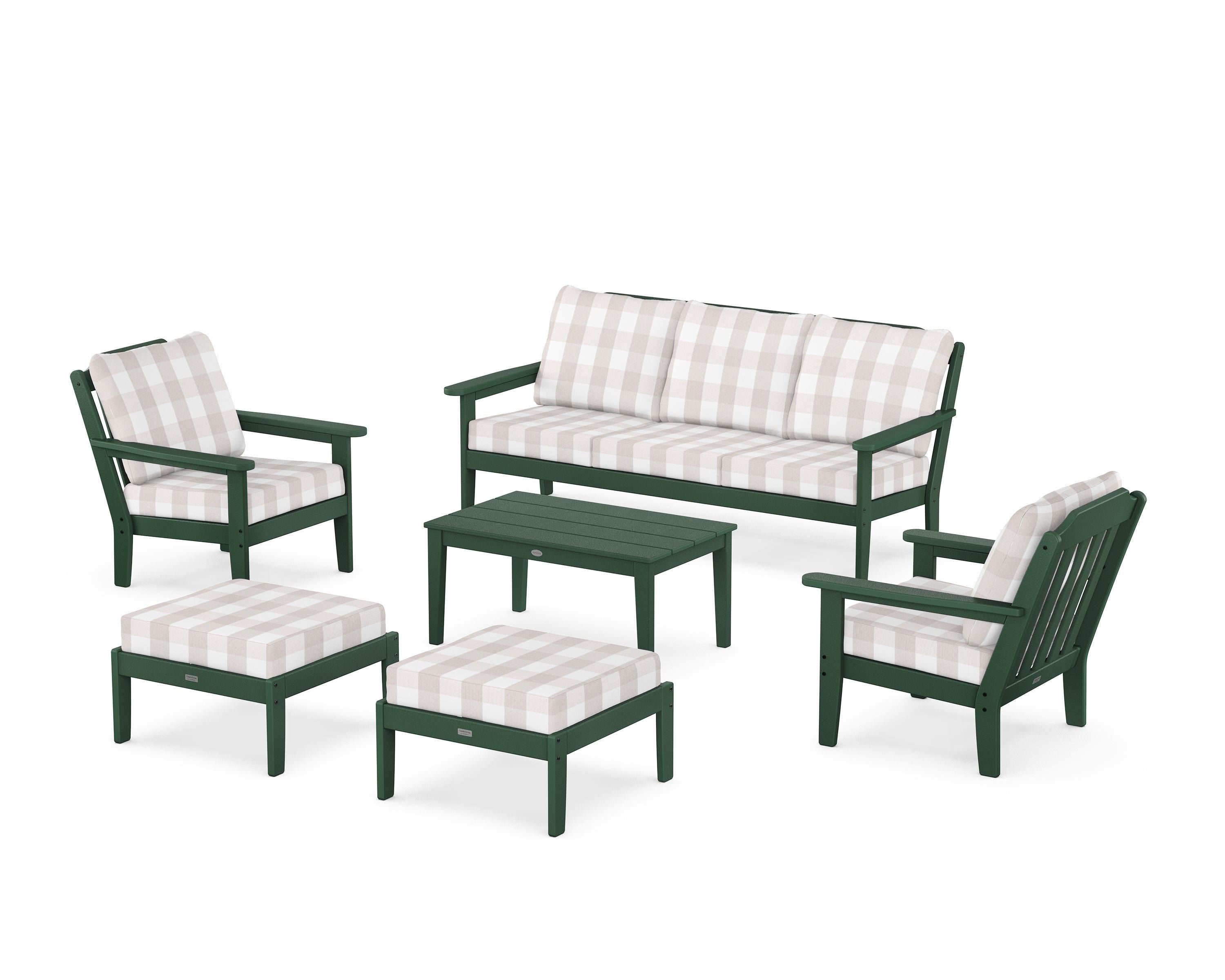 Country Living Cottage 6-Piece Lounge Sofa Set in Green / Buffalo Plaid Dune Burlap
