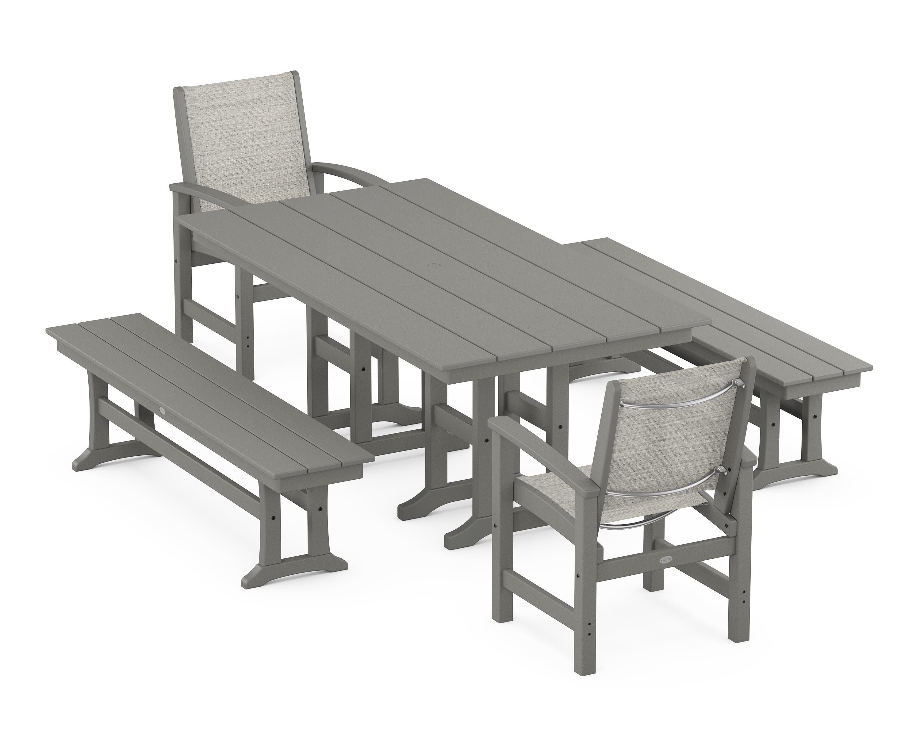POLYWOOD® Coastal 5-Piece Farmhouse Dining Set in Slate Grey / Birch Sling