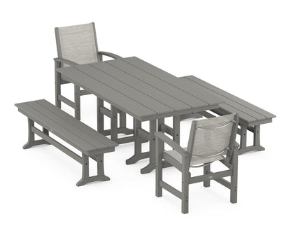 POLYWOOD® Coastal 5-Piece Farmhouse Dining Set in Slate Grey / Birch Sling