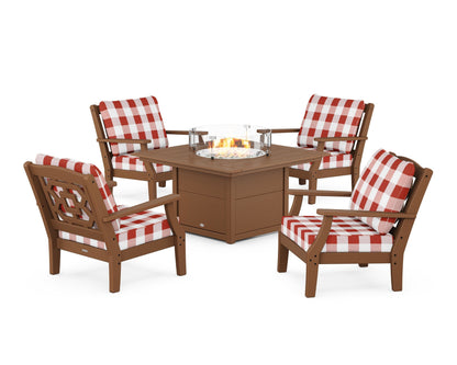 Martha Stewart by POLYWOOD® Chinoiserie 5-Piece Deep Seating Set with Fire Pit Table in Teak / Buffalo Plaid Crimson