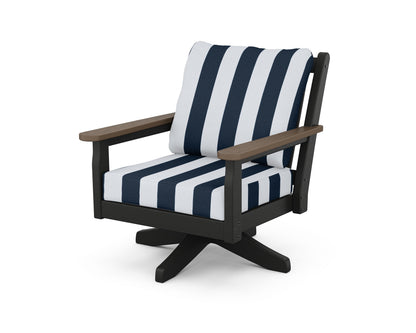 POLYWOOD® Chippendale Deep Seating Swivel Chair in Black / Kona / Cabana Stripe Marine Indigo