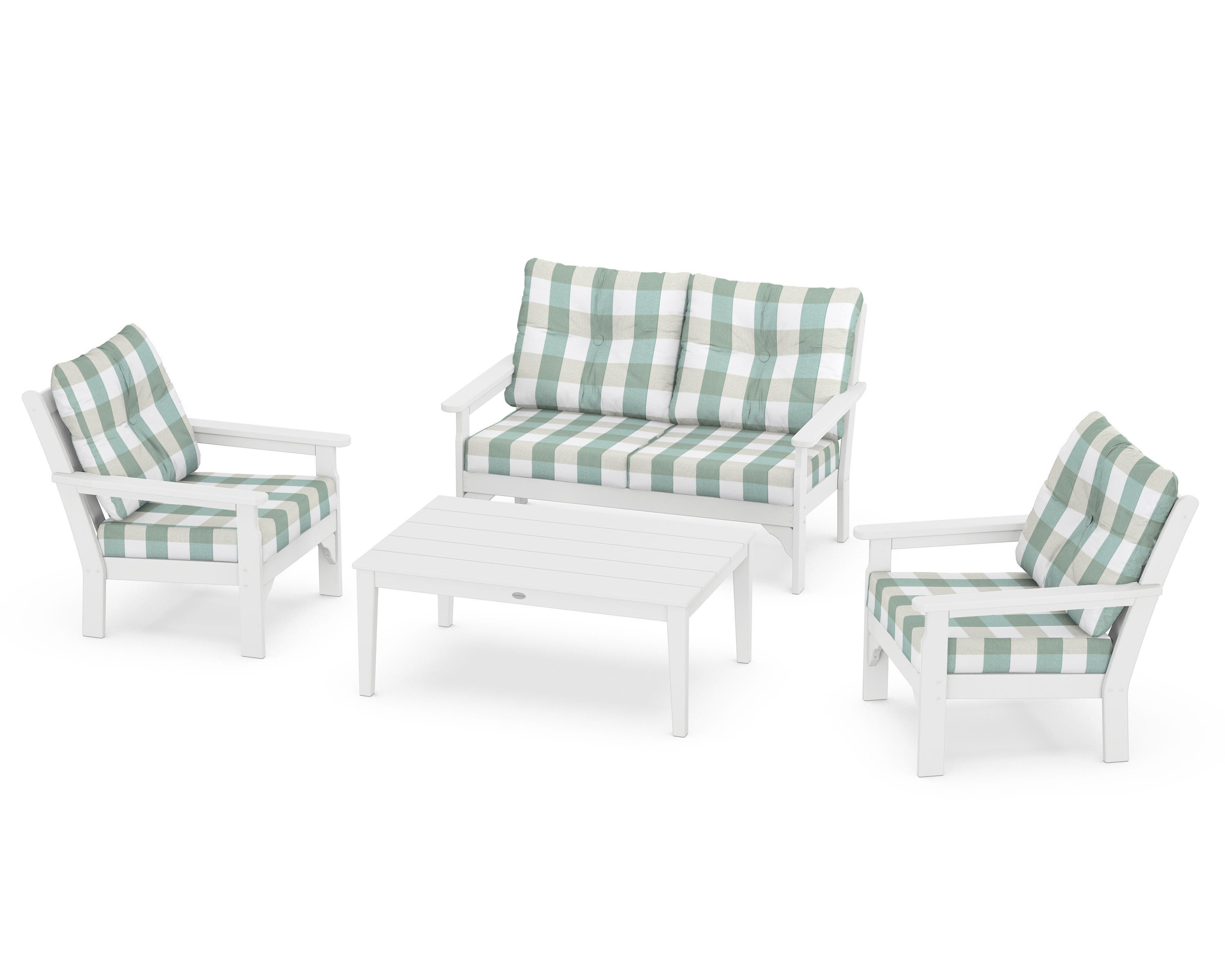 POLYWOOD® Vineyard 4-Piece Deep Seating Set in White / Buffalo Plaid Glacier Spa