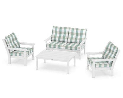 POLYWOOD® Vineyard 4-Piece Deep Seating Set in White / Buffalo Plaid Glacier Spa