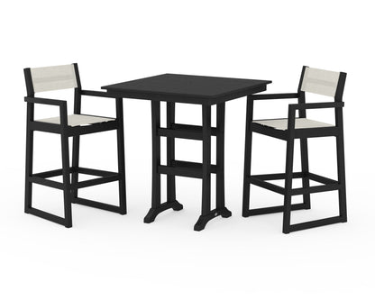 POLYWOOD® EDGE Sling Arm Chair 3-Piece Farmhouse Bar Set with Trestle Legs in Black / Parchment Sling