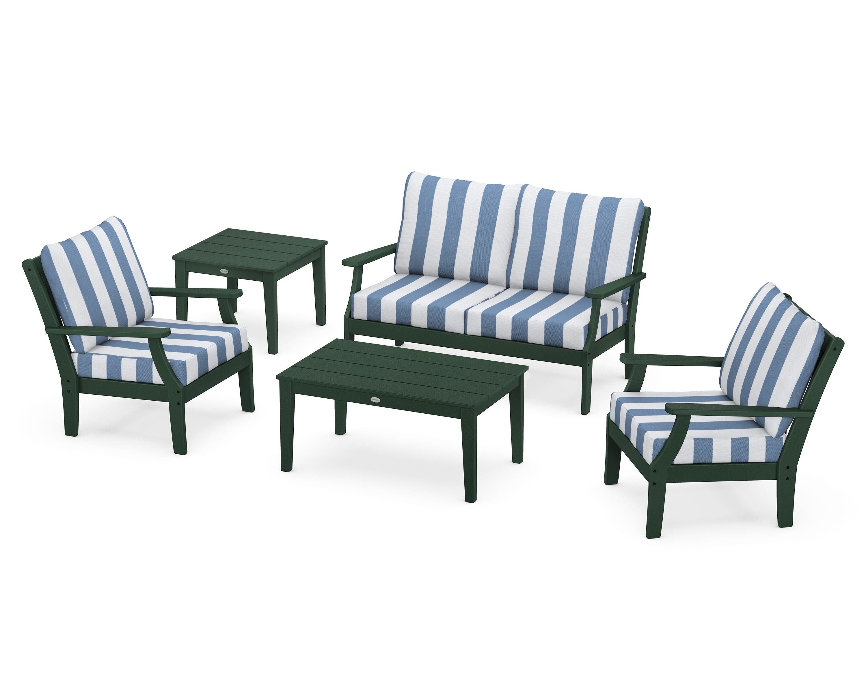 POLYWOOD® Braxton 5-Piece Deep Seating Set in Green / Cabana Stripe Sky Blue