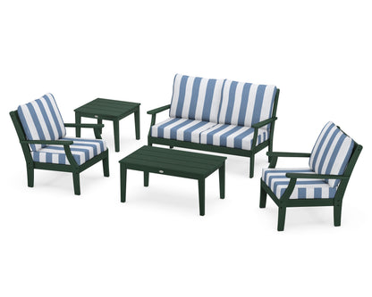 POLYWOOD® Braxton 5-Piece Deep Seating Set in Green / Cabana Stripe Sky Blue