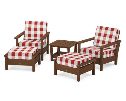 POLYWOOD® Harbour 5-Piece Deep Seating Chair Set in Teak / Buffalo Plaid Crimson
