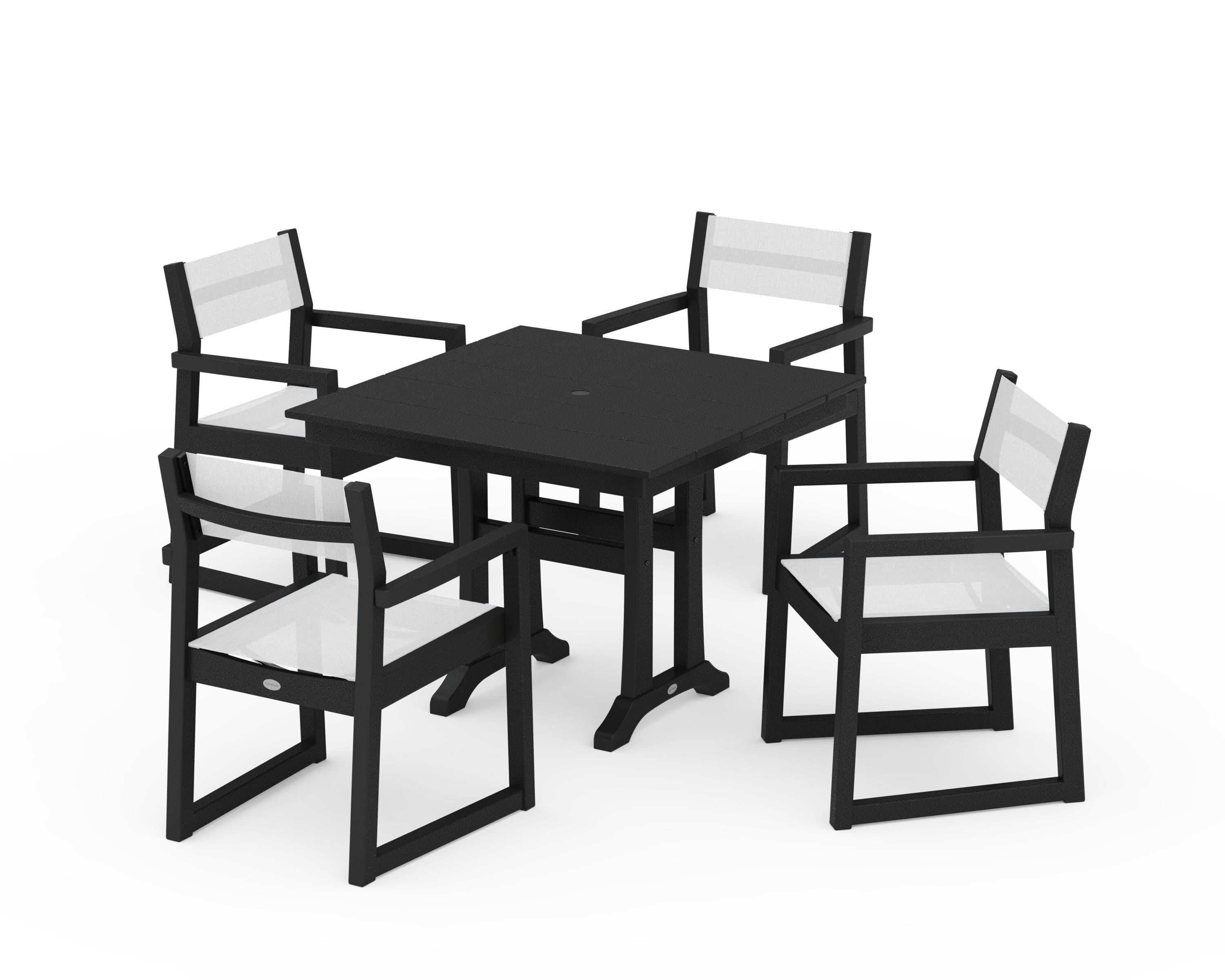 POLYWOOD® EDGE Sling 5-Piece Farmhouse Dining Set with Trestle Legs in Black / White Sling