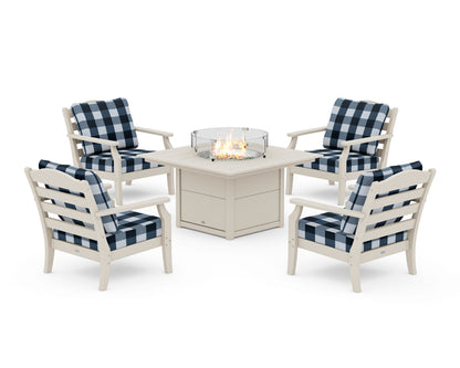 Draper James™ by  POLYWOOD® Savannah 5-Piece Deep Seating Set with Fire Pit Table in Sand / Buffalo Plaid Marine Indigo