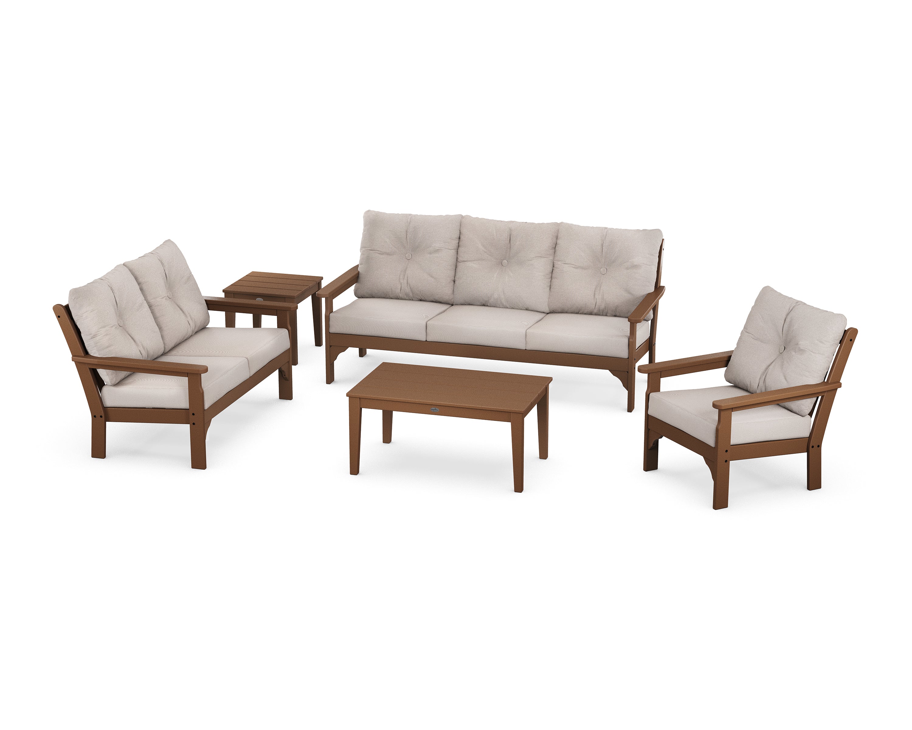 POLYWOOD® Vineyard 5 Piece Deep Seating Set in Teak / Dune Burlap