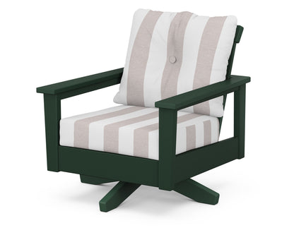 POLYWOOD® Prescott Deep Seating Swivel Chair in Green / Cabana Stripe Dune Burlap