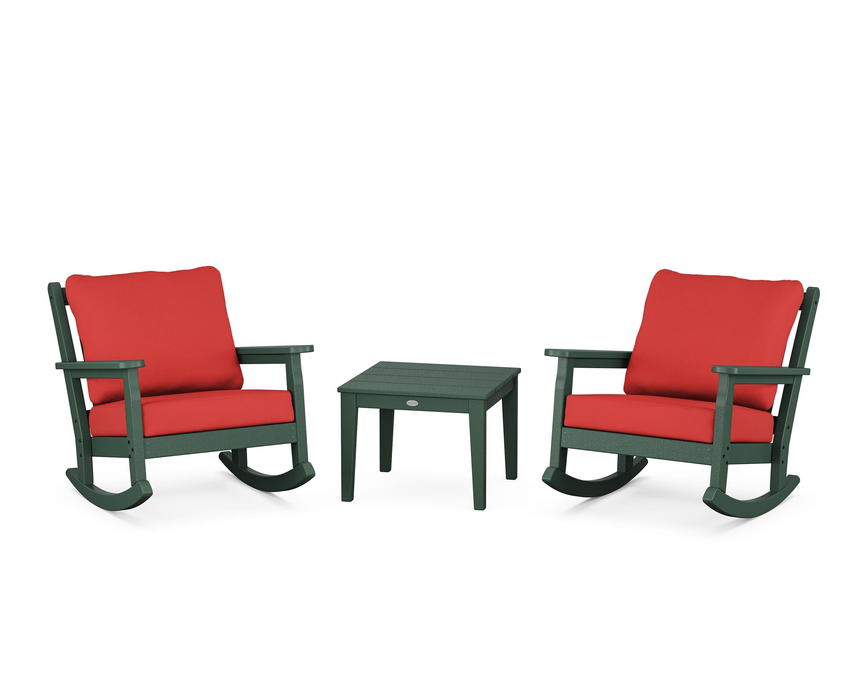 POLYWOOD® Chippendale 3-Piece Deep Seating Rocker Set in Green / Crimson Linen
