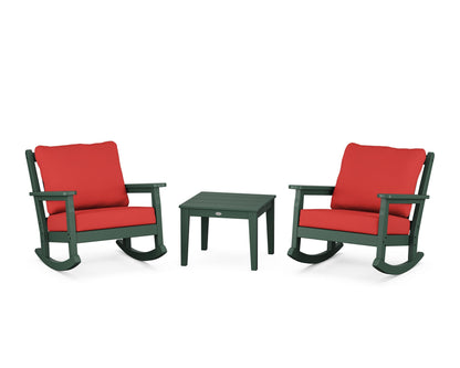 POLYWOOD® Chippendale 3-Piece Deep Seating Rocker Set in Green / Crimson Linen