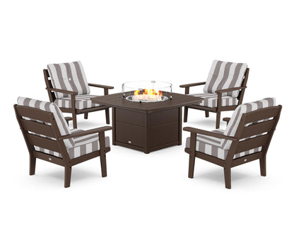 POLYWOOD® Lakeside 5-Piece Deep Seating Set with Nautical Fire Pit Table in Mahogany / Cabana Stripe Grey Mist
