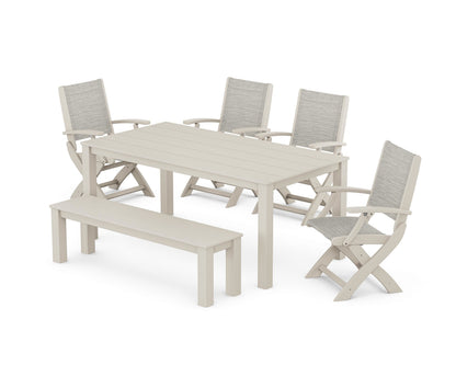 POLYWOOD® Coastal Folding Chair 6-Piece Parsons Dining Set with Bench in Sand / Birch Sling
