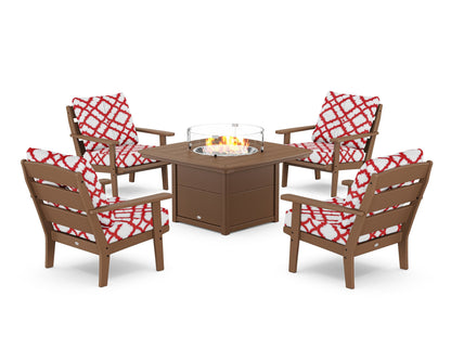 POLYWOOD® Lakeside 5-Piece Deep Seating Set with Nautical Fire Pit Table in Teak / Trellis Crimson