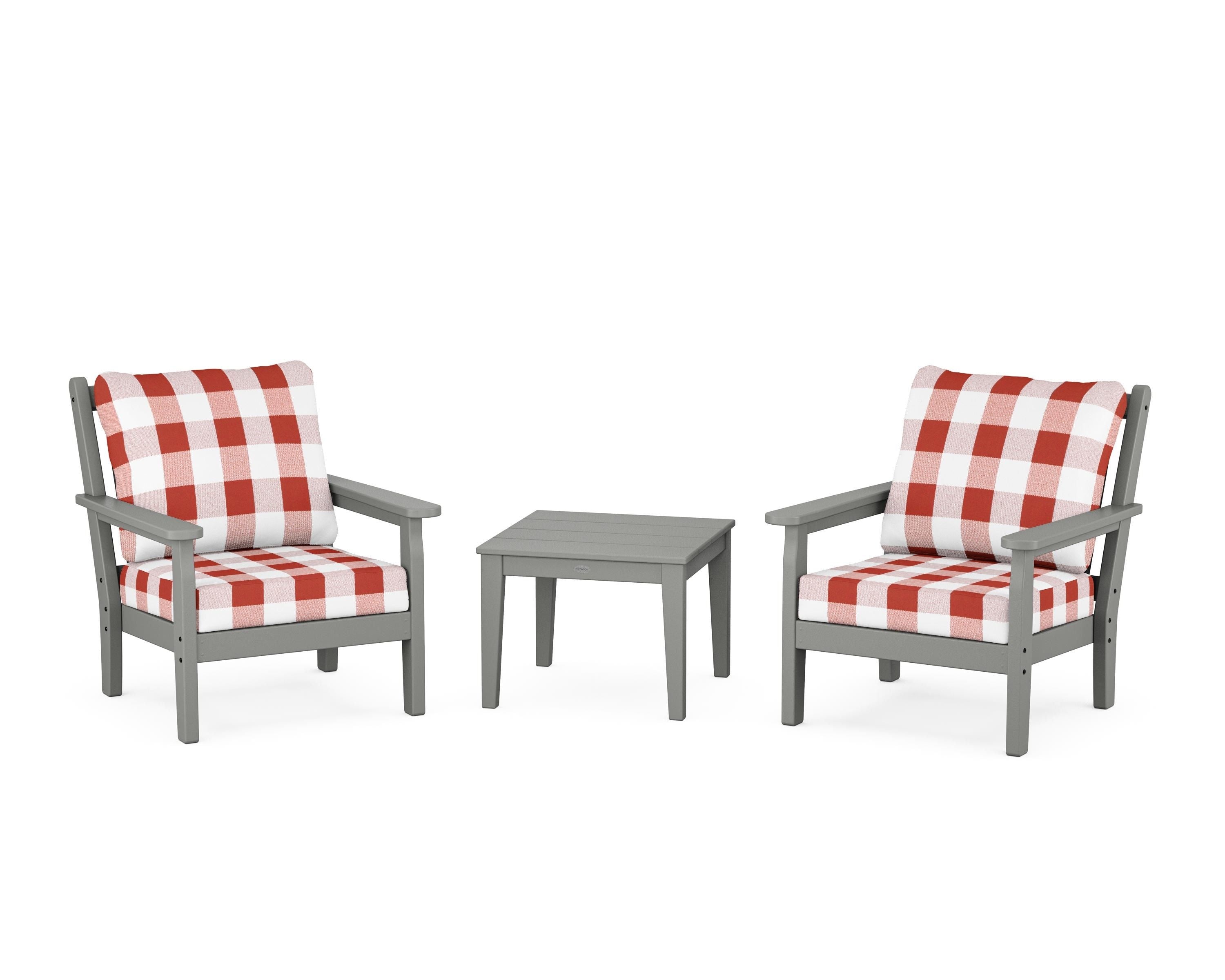 POLYWOOD® Chippendale 3-Piece Deep Seating Set in Slate Grey / Buffalo Plaid Crimson