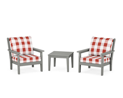 POLYWOOD® Chippendale 3-Piece Deep Seating Set in Slate Grey / Buffalo Plaid Crimson