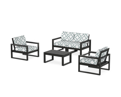 POLYWOOD® EDGE Sectional 4-Piece Deep Seating Set with Loveseat in Black / Trellis Glacier Spa