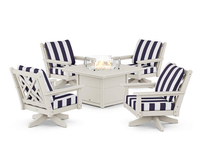POLYWOOD® Chippendale 5-Piece Deep Seating Swivel Conversation Set with Fire Pit Table in Sand / Cabana Stripe Navy