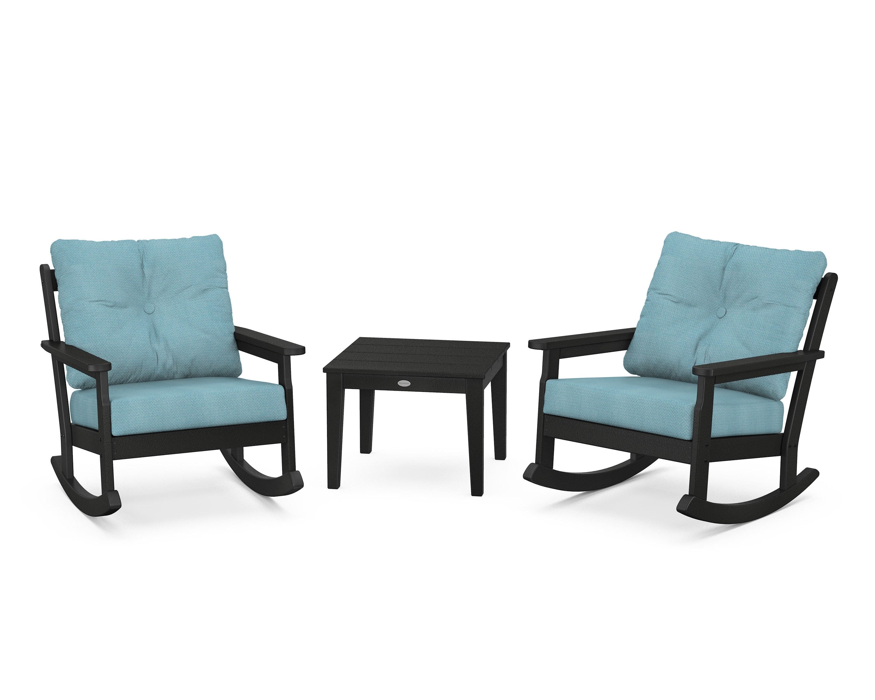 POLYWOOD® Vineyard 3-Piece Deep Seating Rocker Set in Black / Lattice Sky Blue