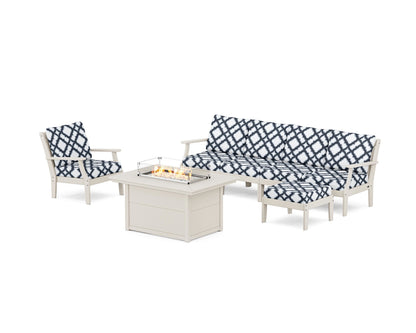 POLYWOOD® Braxton Sectional Lounge and Fire Pit Set in Sand / Trellis Marine Indigo