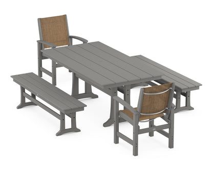 POLYWOOD® Coastal 5-Piece Farmhouse Dining Set with Trestle Legs and Benches in Slate Grey / Burlap Sling